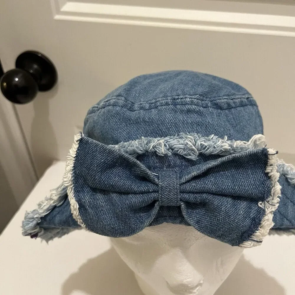 Toddler Girls Blue Denim Chambray Fray Bow Flip Up Bucket Hat Beach Y2K 2-4Y - Picture 3 of 8